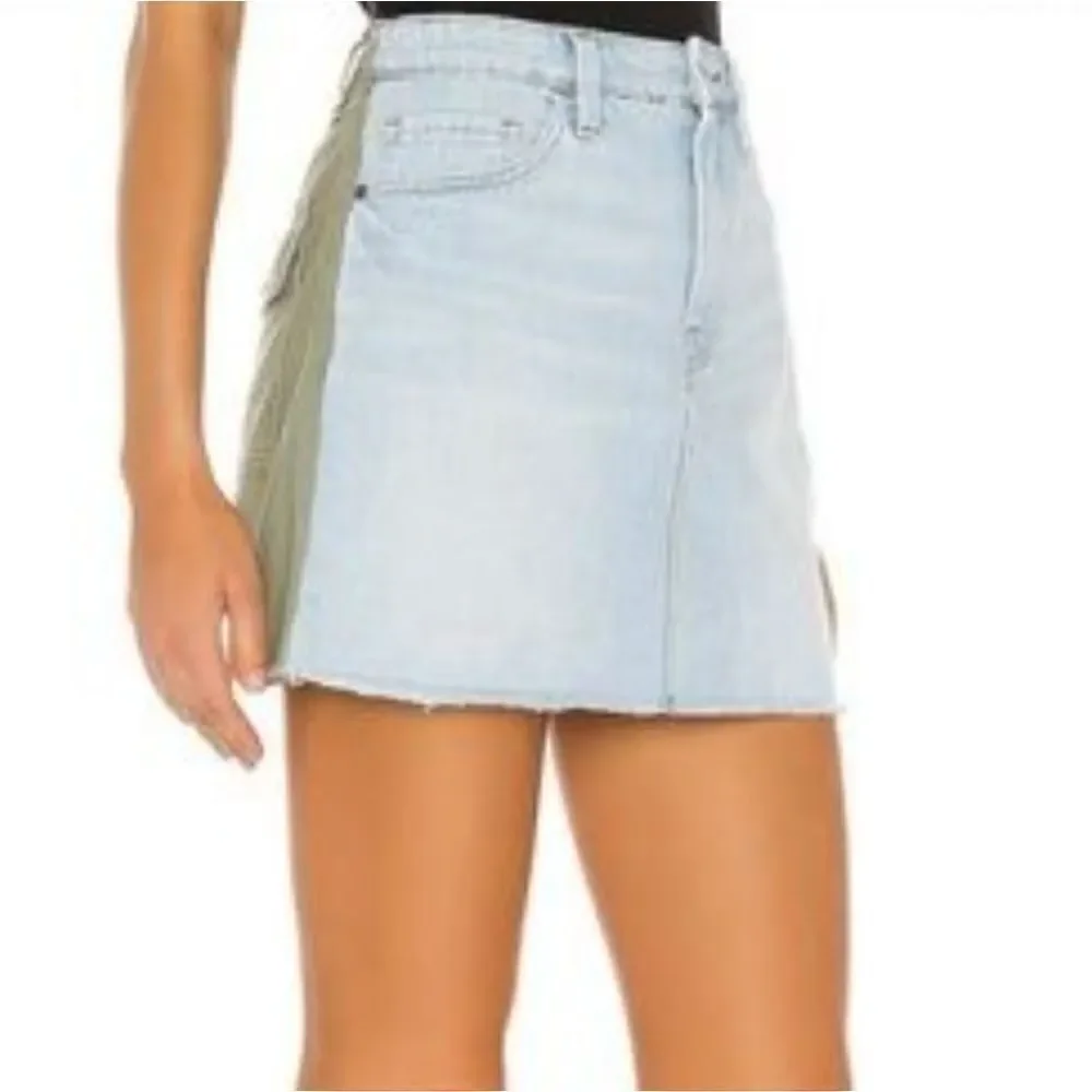 Frame Canteburry Blue Green Raw Hem Mixed Media Le Cargo Mini Denim Skirt 28